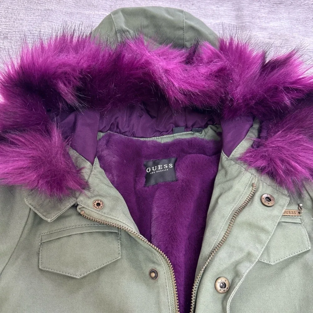 Guess Girls Green Parka with Purple Faux Fur Trim, Size 8
